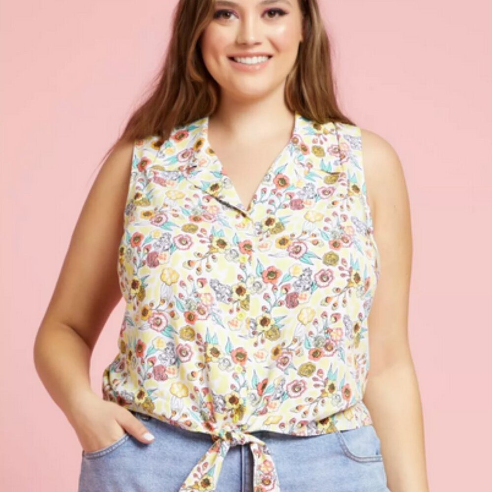 Her Universe Disney Beauty And The Beast Belle Floral Tie-Front Woven Tank Top